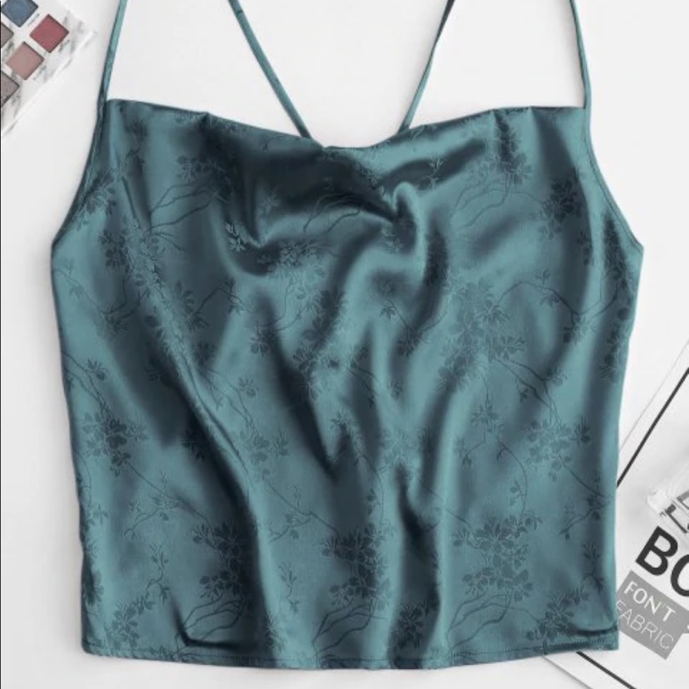 Turquoise Flower Jacquard Crop Cami